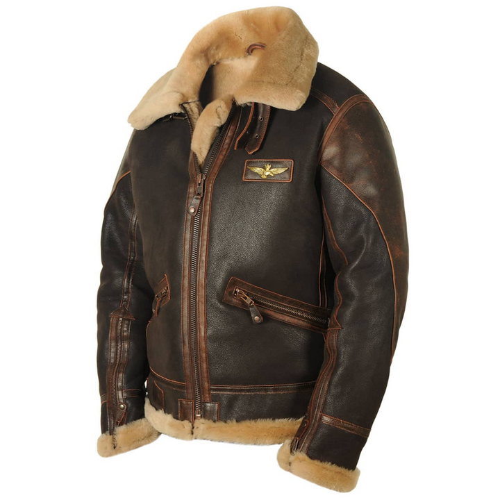 Veste de Pilote Ethan | Homme, Col en Peau Lainée, Cuir Vintage 1