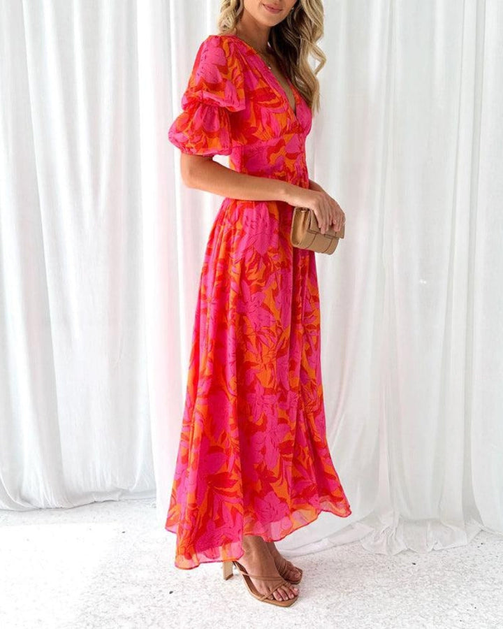 Robe Bohème Clémence | Imprimé Fluide, Col V, Manches Légères 1