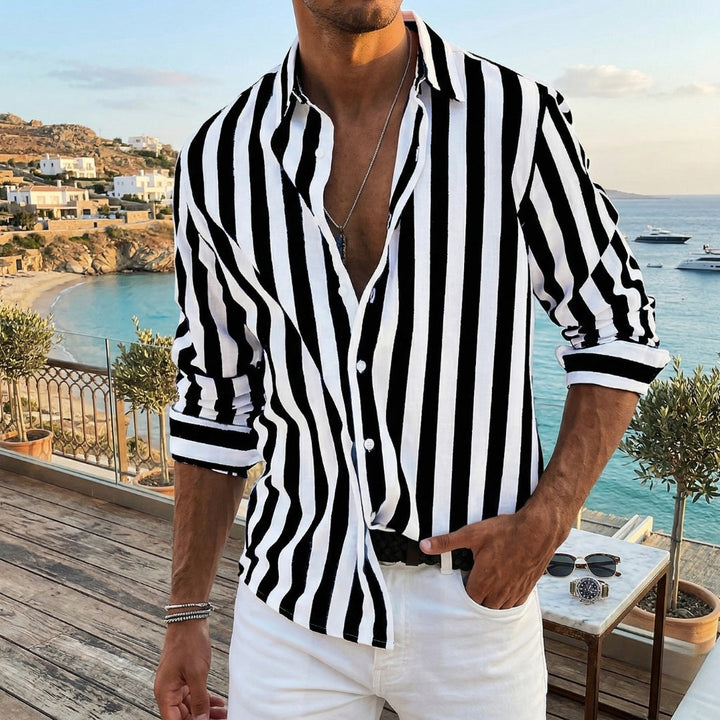 Chemise Matteo | Rayée, Manches Longues, Col V Décontracté 0