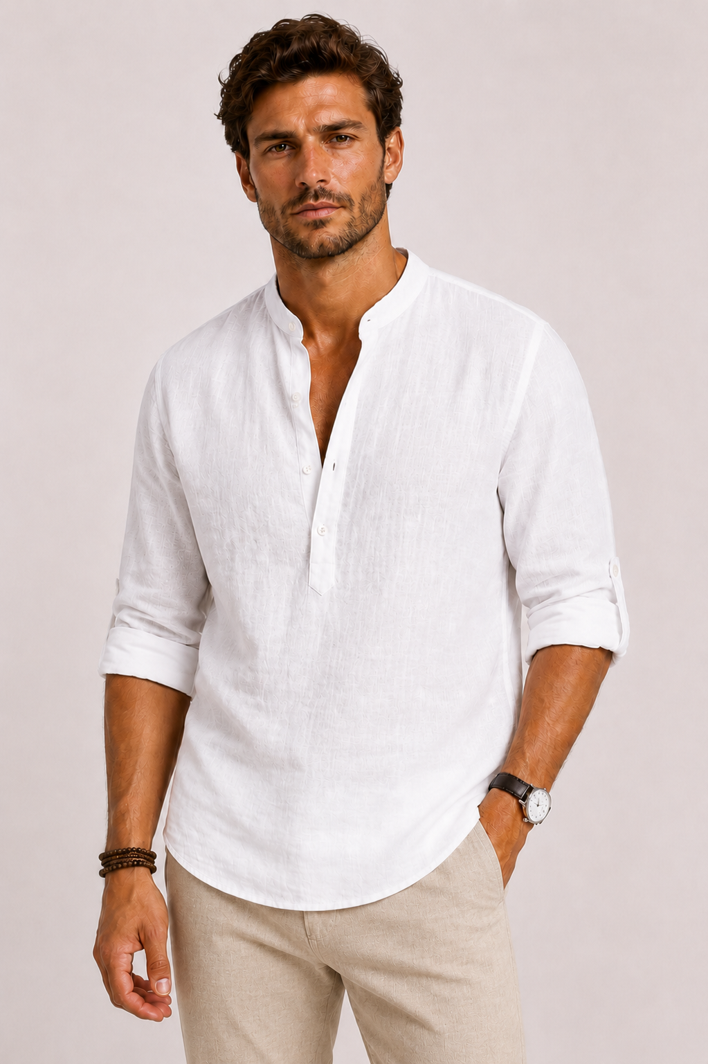 Chemise en Lin Celvon Homme | Col Montant, Manches Longues et Coupe Relâchée 0