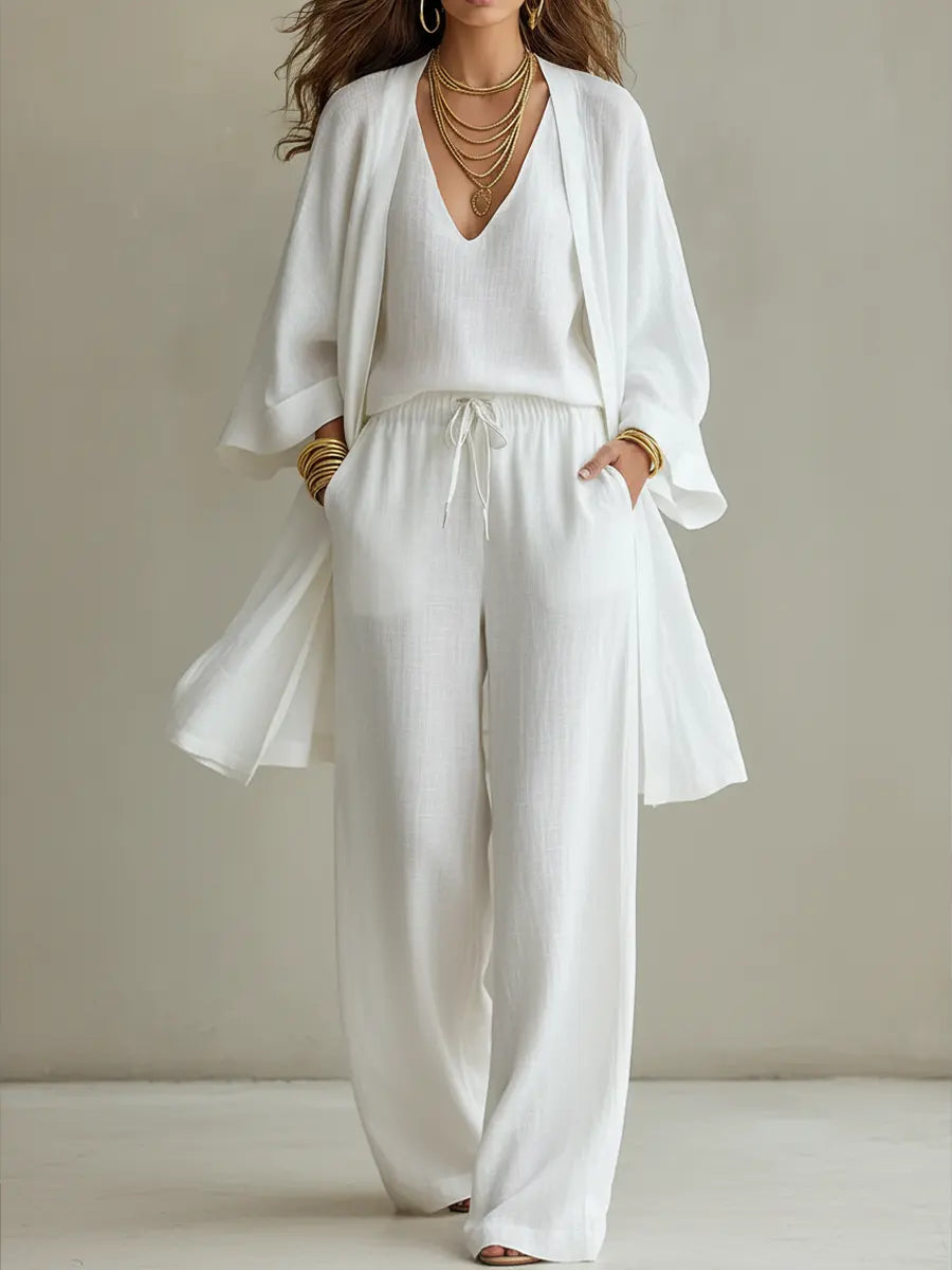 Ensemble Tailleur Femme Minimaliste | Coton et Lin, Trois Pièces Élégantes 0