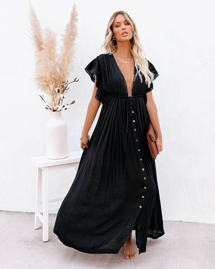 Robe Bohème Longue Camille | Fermeture Boutonnée, Col V, Manches Courtes 5