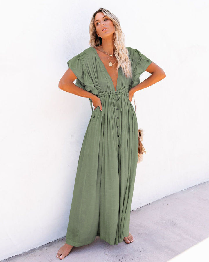 Robe Bohème Longue Camille | Fermeture Boutonnée, Col V, Manches Courtes 3