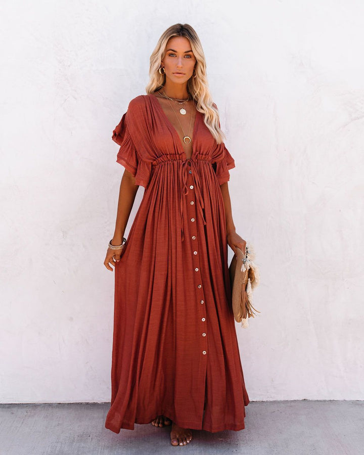 Robe Bohème Longue Camille | Fermeture Boutonnée, Col V, Manches Courtes 4