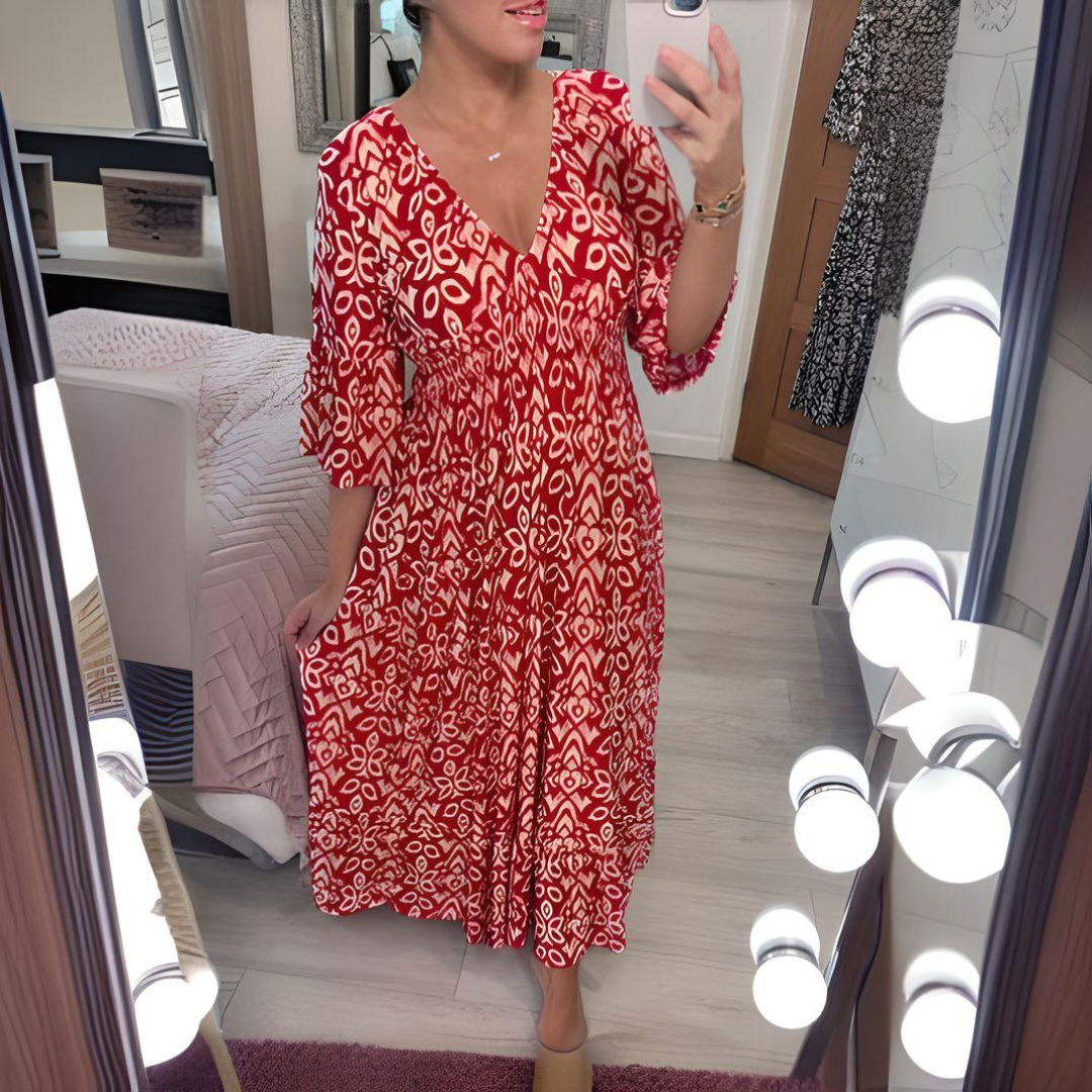 Robe Boheme Bella | Décolleté en V, motif graphique, longueur cheville 0