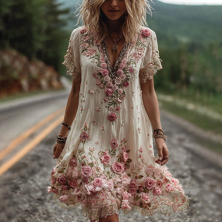 Robe Ruby Femme | Broderie Florale, Col V Élégant 1