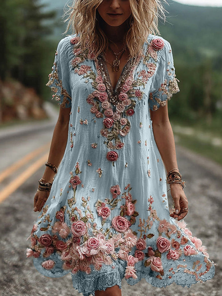 Robe Ruby Femme | Broderie Florale, Col V Élégant 2