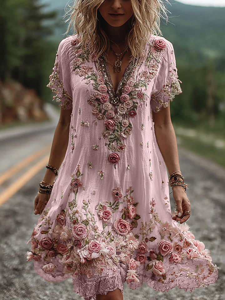 Robe Ruby Femme | Broderie Florale, Col V Élégant 3