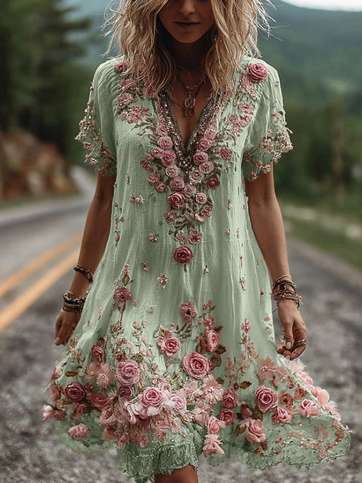 Robe Ruby Femme | Broderie Florale, Col V Élégant 4