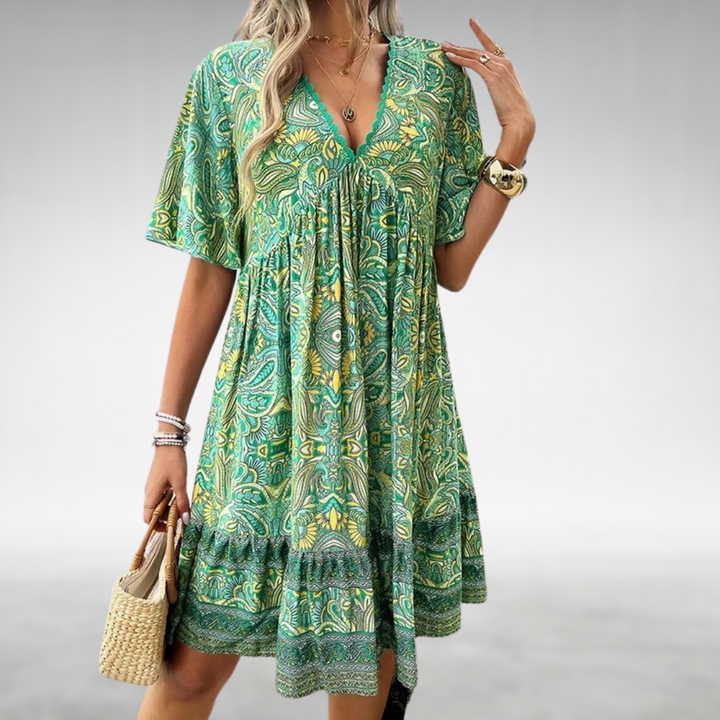 Robe courte Bianca | Style Boho, décolleté en V, motif ethnique 0