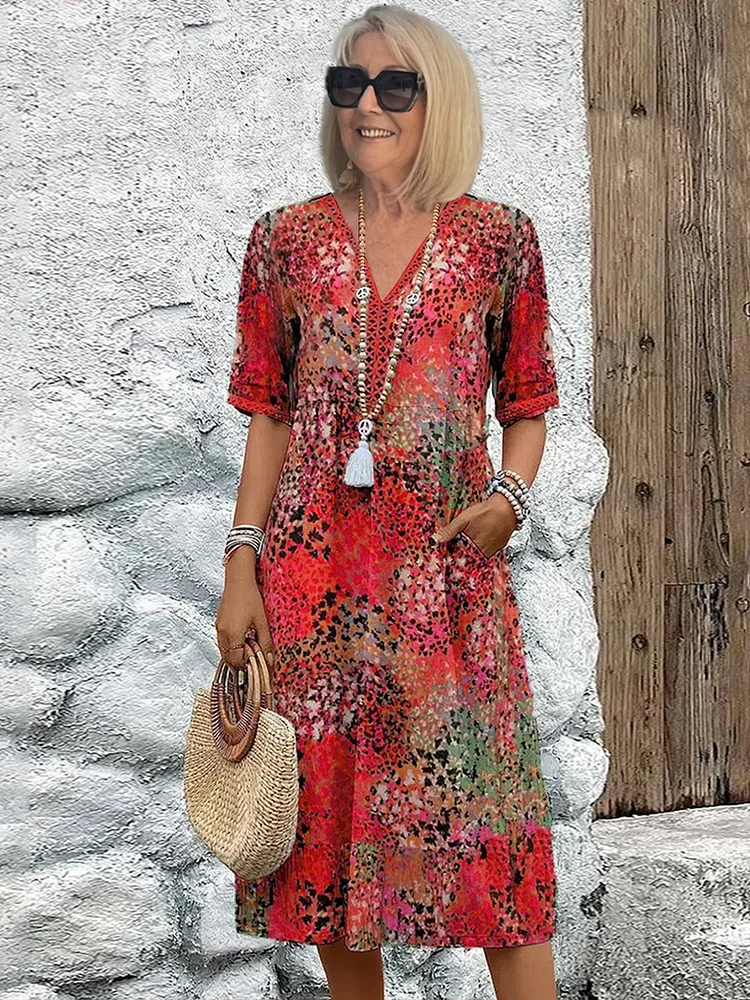 Robe d'été Viona | Décolleté en V, motif floral intégral, longueur genou 0