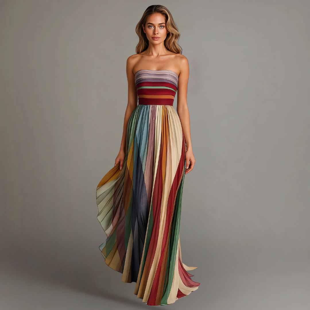 Robe longue Aurore | Coupe fluide sans bretelles, tissu plissé élégant 0