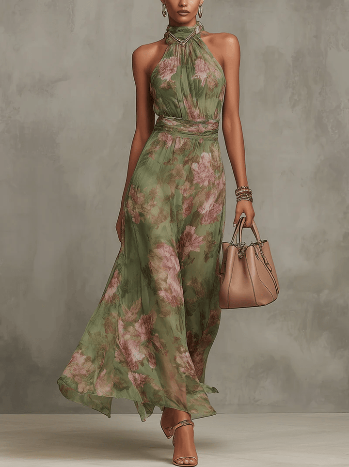 Robe longue Fleurine | Imprimé floral, ceinture intégrée, sans manches 0