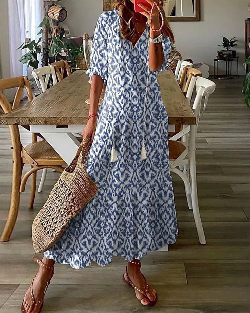 Robe longue Giselle | Imprimé géométrique, manches lanternes et coupe trapèze 0