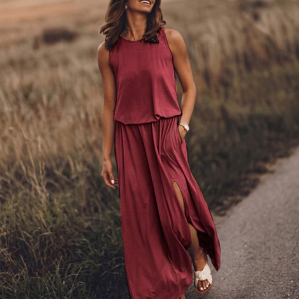Robe longue Kateline | Maxi fluide, col rond, sans manches, fente latérale 0