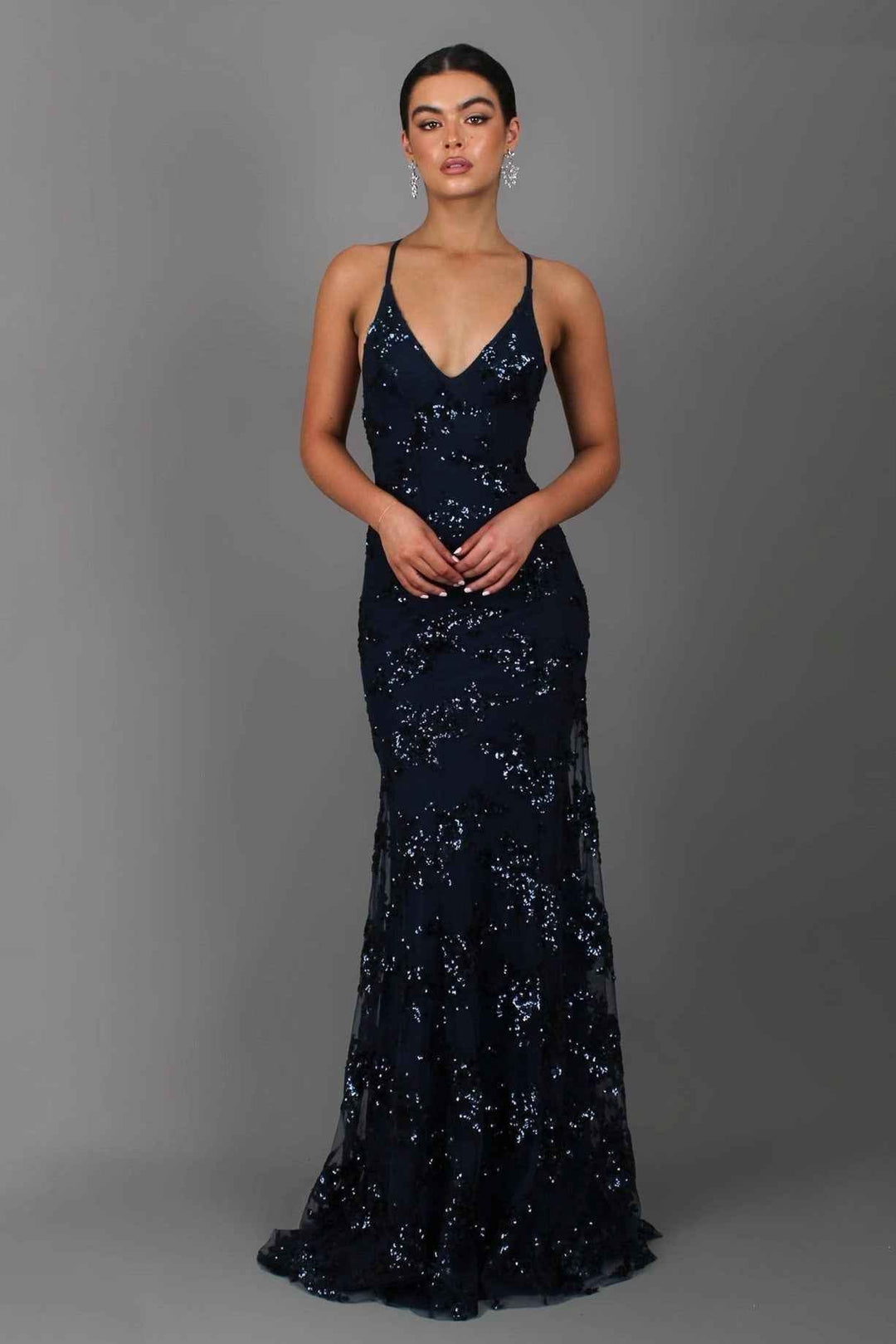 Robe longue Magda | Bretelles et sequins élégants, bleu foncé 0