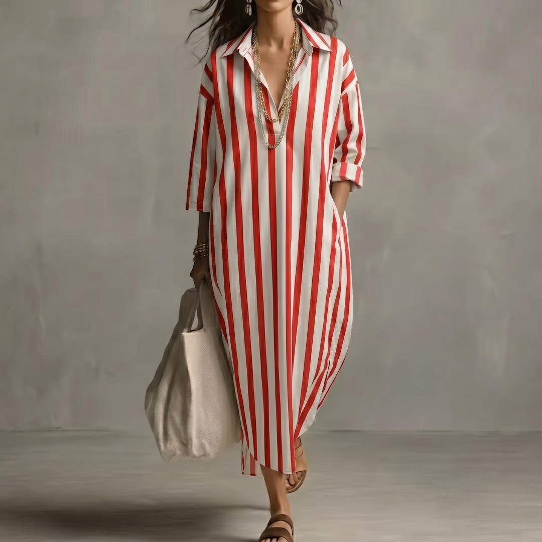 Robe longue Reva | Col chemise, rayures oversize, manches 3/4, coupe fluide 0