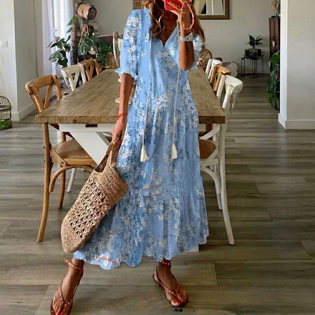 Robe longue Sienna | Imprimé fleuri bohème, col V, manches courtes 0