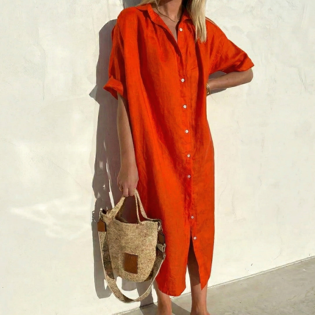 Robe longue Soléna | Coupe droite, col chemise, manches courtes, été 0