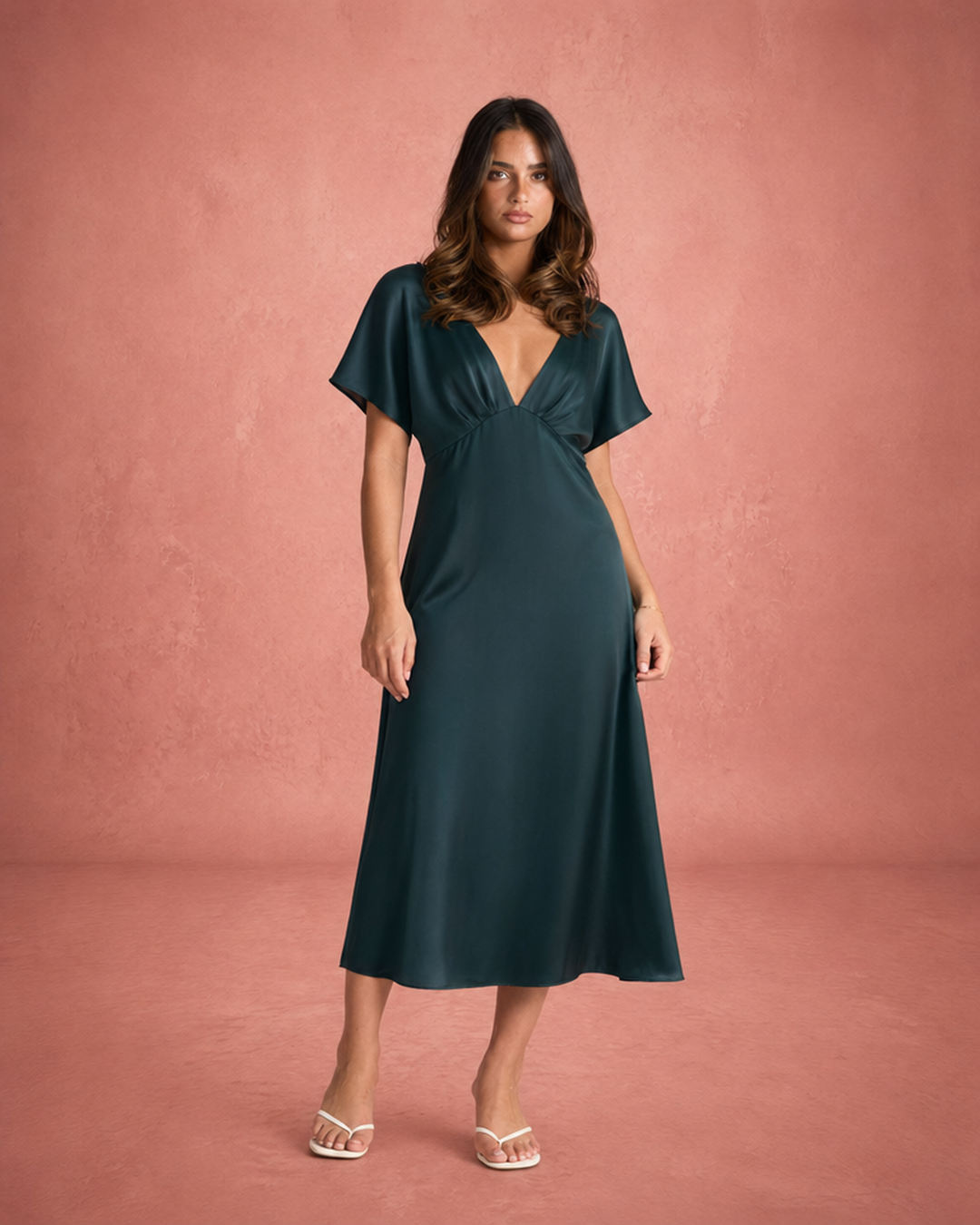 Robe midi Margaux | Satinée, col V élégant, taille haute pour femme chic 3