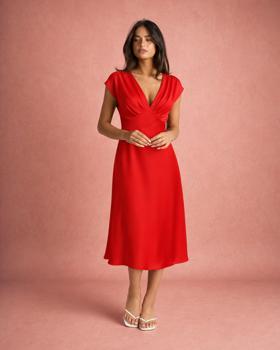 Robe midi Margaux | Satinée, col V élégant, taille haute pour femme chic 4