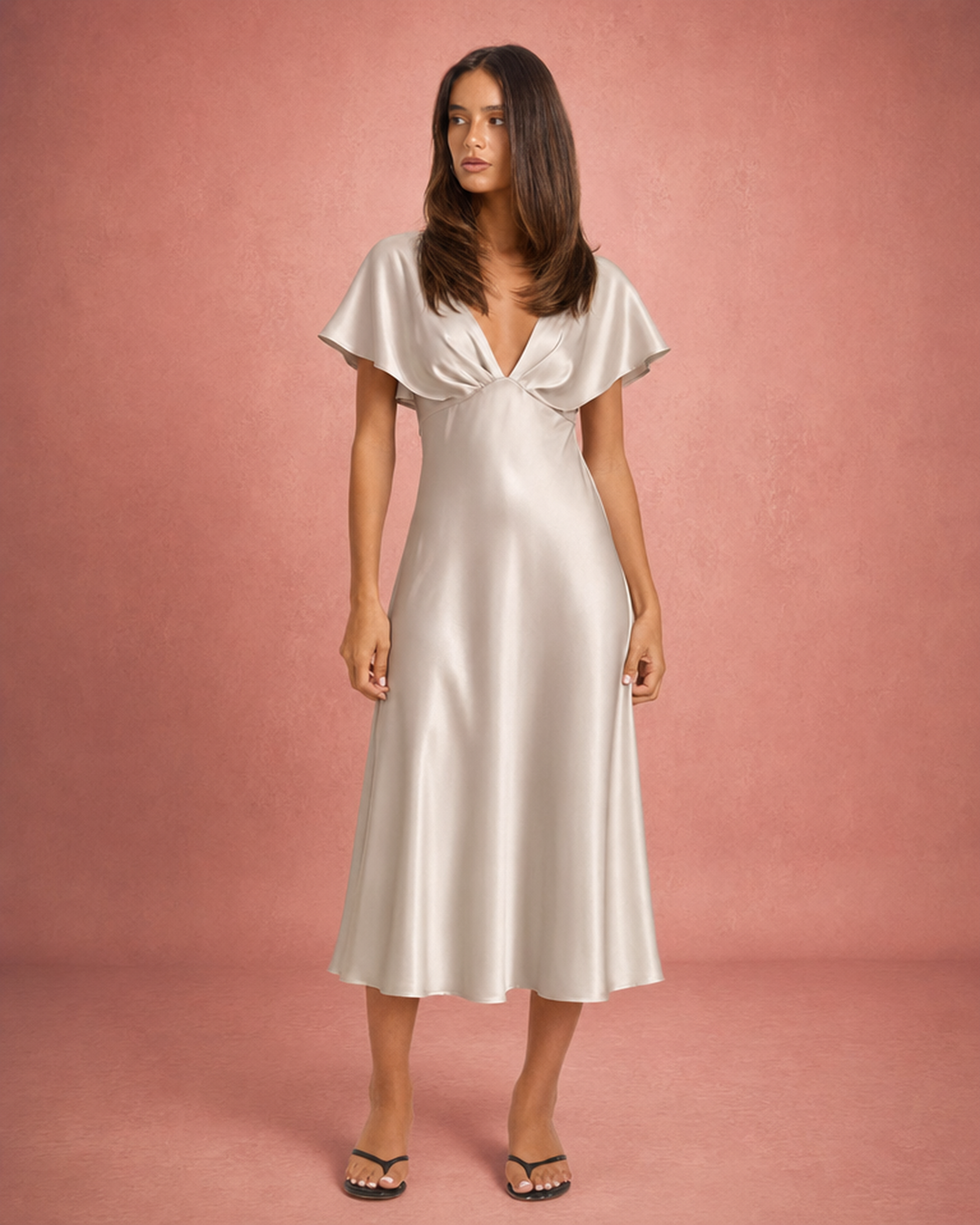 Robe midi Margaux | Satinée, col V élégant, taille haute pour femme chic 6