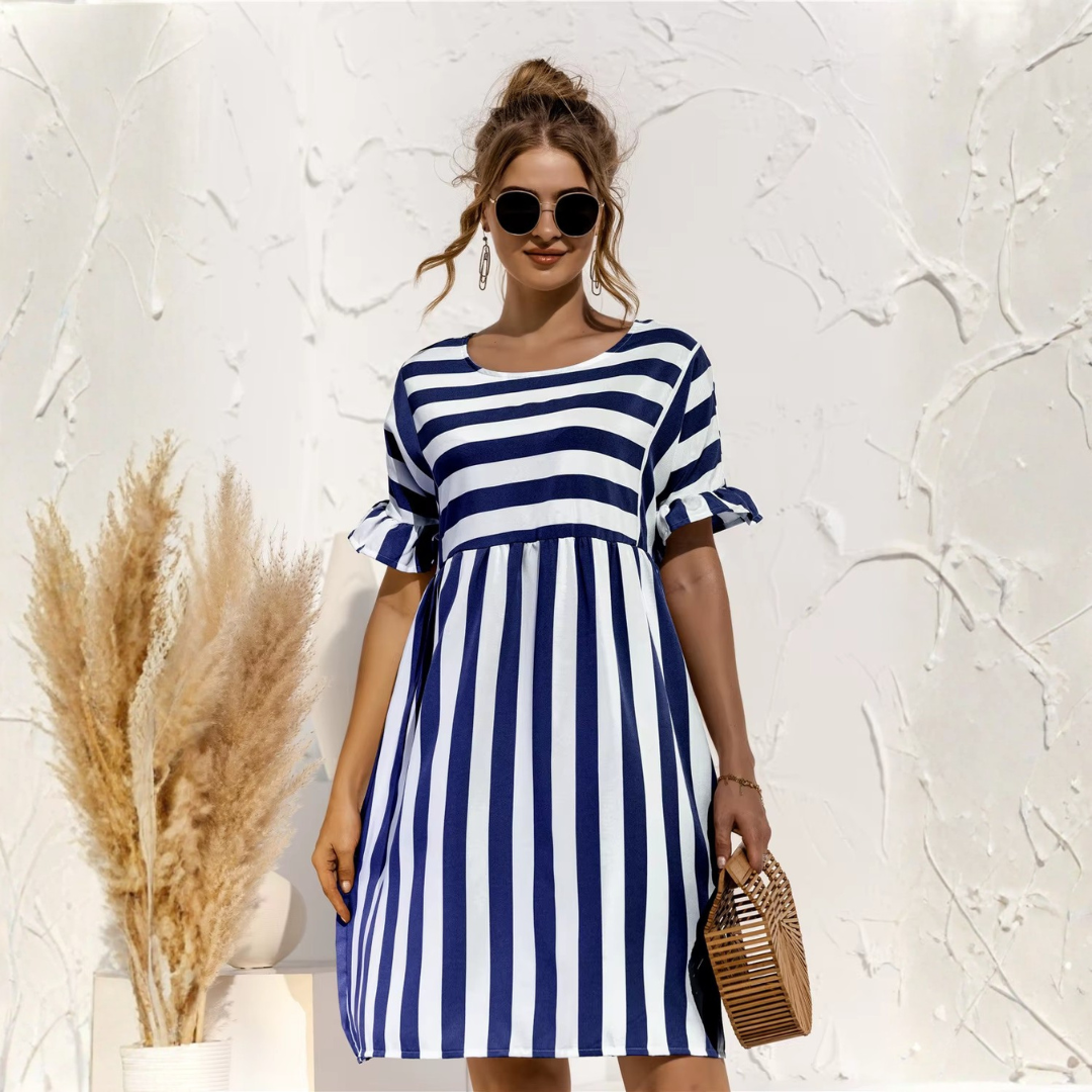 Robe midi Sienna | Rayée, col rond & manches volantées pour femme 0