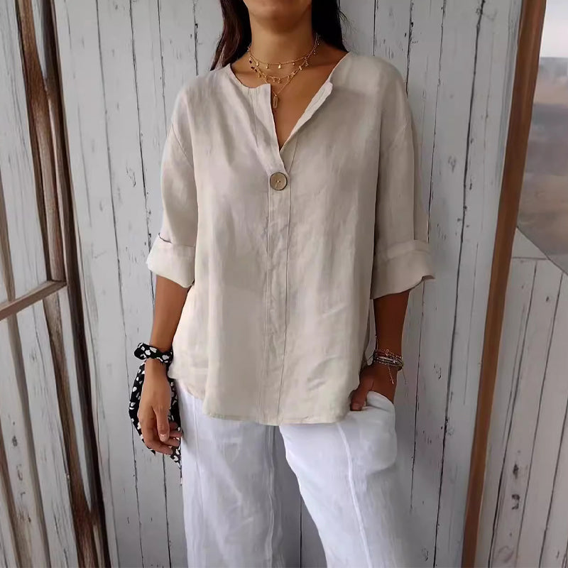 Blouse en Lin Charlotte Femme | Col Ouvert, Manches Retroussables 0