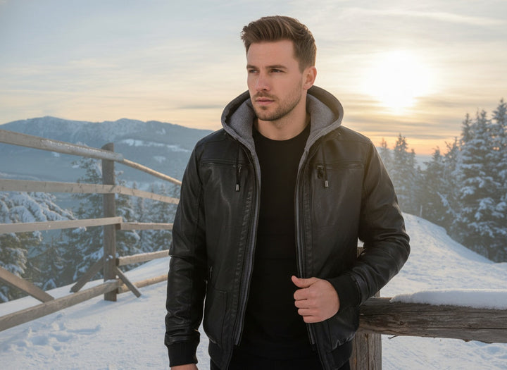 Veste en Cuir Léo | Homme, Cuir Premium, Capuche Contrastée 3