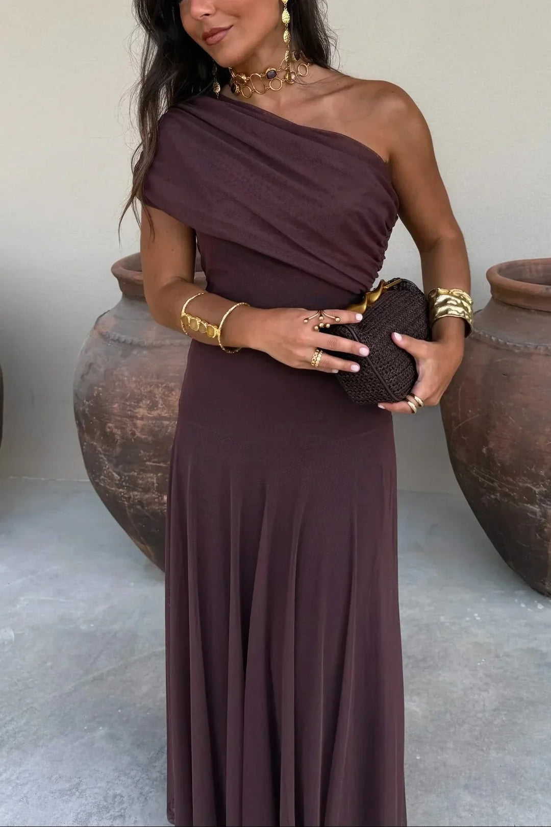Robe Longue Léa | Drapé Asymétrique, Taille Marquée 0